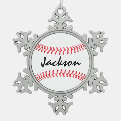 Baseball Player Custom Name or Text Sports Snowflake Pewter Christmas Ornament