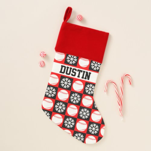 Baseball Player Custom Name Red & Black Christmas Christmas Stocking