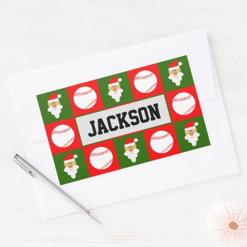 Baseball Player Custom Name Santa Christmas Rectangular Sticker