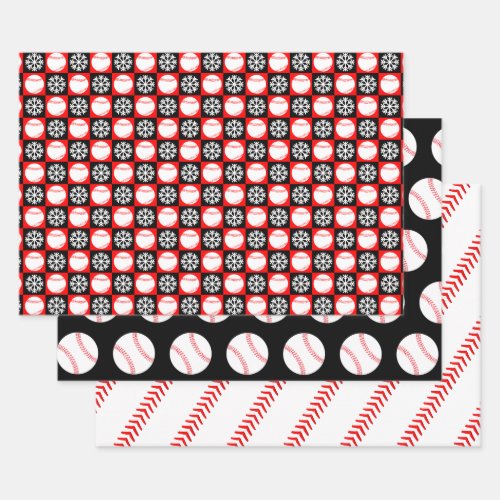 Baseballs and Snowflakes Red and Black Christmas Wrapping Paper Sheets
