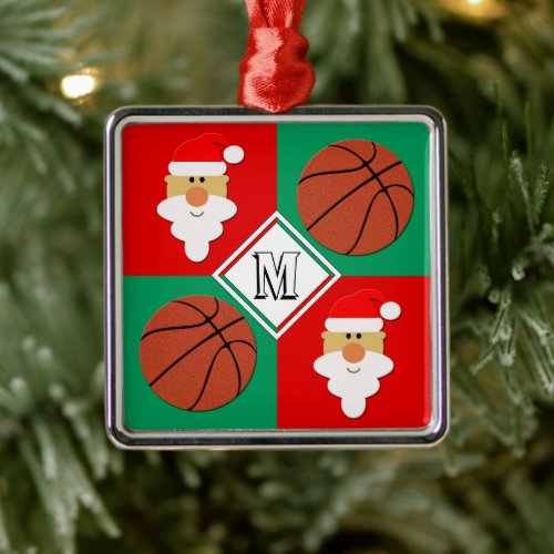 Basketball and Santa Custom Text Letter Christmas Metal Ornament