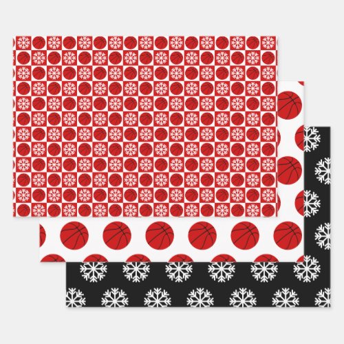 Basketball & Snowflake Red Black & White Christmas Wrapping Paper Sheets