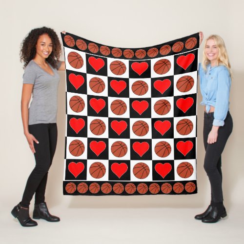 Basketballs and Hearts Checkered Basketball Player Fleece Blanket