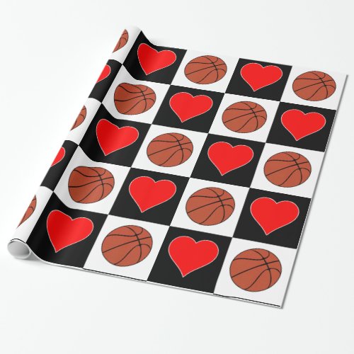 Basketballs & Hearts Black & White Checker Pattern Wrapping Paper