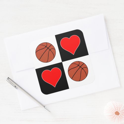 Basketballs & Hearts Checkered Pattern Cute Sports Square Sticker
