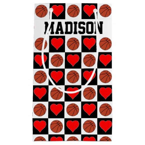Basketballs & Hearts Custom Player Name Girls' Small Gift Bag