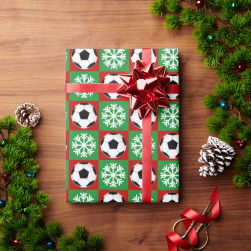 Christmas Soccer Balls and Snowflakes Red & Green Wrapping Paper