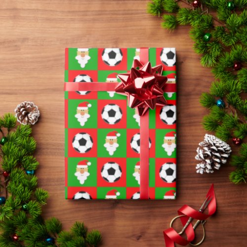 Christmas Soccer Balls & Santa Clause Red & Green Wrapping Paper