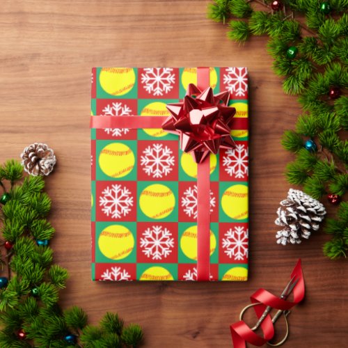 Christmas Softball and Snowflake Red and Green Wrapping Paper