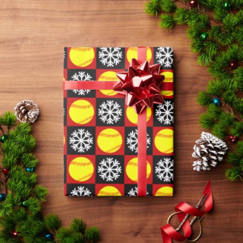 Christmas Softball Red and Black Snowflake Pattern Wrapping Paper