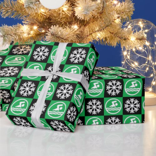 Christmas Swimmers and Snowflakes Green and Black Wrapping Paper