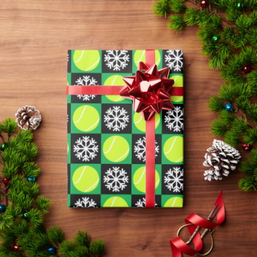 Christmas Tennis Ball and Snowflake Black & Green Wrapping Paper