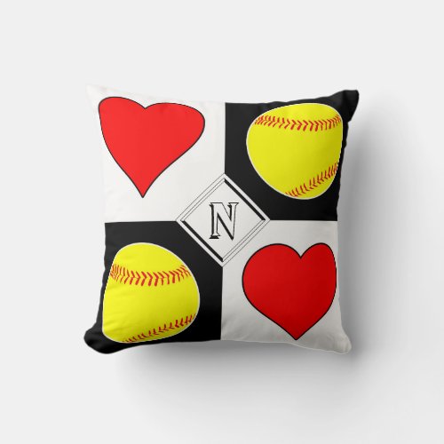 Custom Softball & Heart Square Checker Pattern Throw Pillow