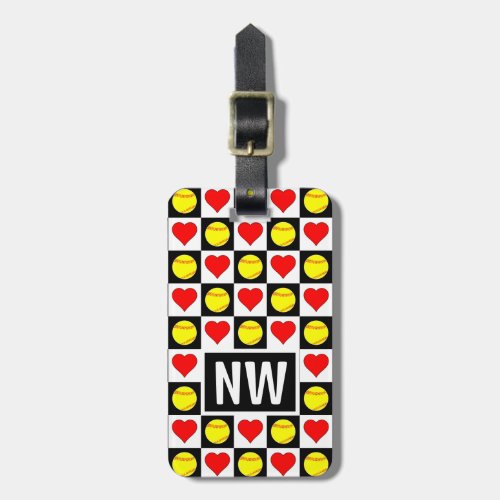 Custom Text Softball Heart Pattern Player Initials Luggage Tag