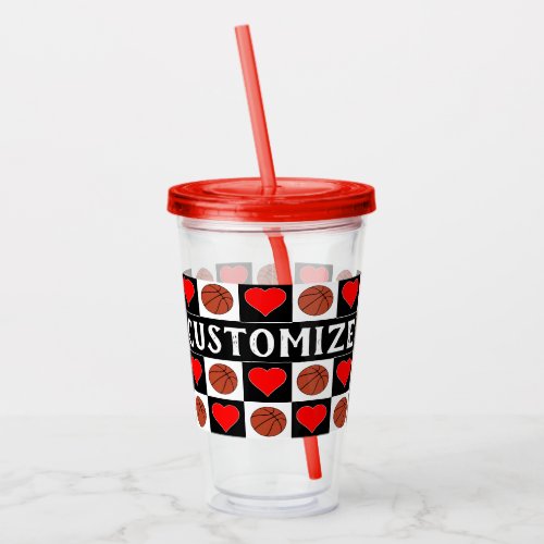 Cute Basketballs & Hearts Custom Text Sports Acrylic Tumbler