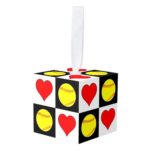 Cute Fastpitch Softball & Heart Checkered Pattern Cube Ornament