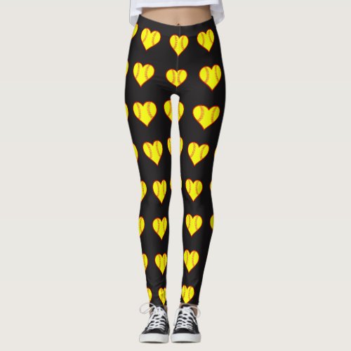 Cute Fastpitch Softball Hearts Pattern Girls Sport Leggings