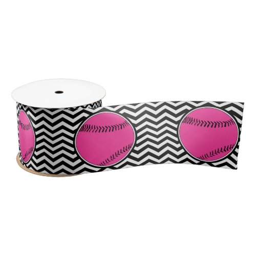 Cute Pink & Black Chevron Fastpitch Softball Party Satin Ribbon