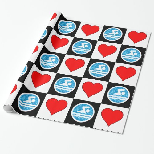 Cute Swimming & Diving Checker Heart Pattern Swim Wrapping Paper