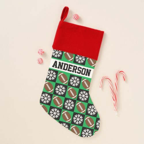 Football Player Custom Name Green and Black Sports Christmas Stocking