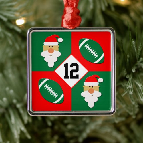 Footballs & Santa Custom Football Player Number Metal Ornament