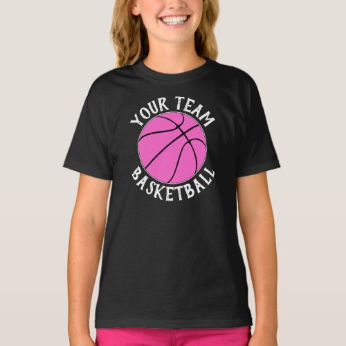 Girls Pink Basketball Team, Player Name and Number T-Shirt