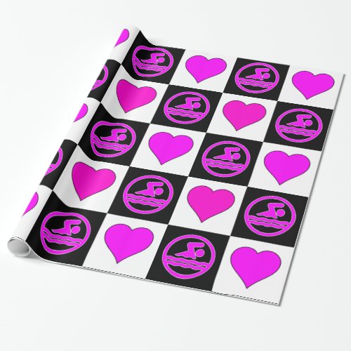 Girls Swimming & Diving Pink Hearts Pattern Swim Wrapping Paper
