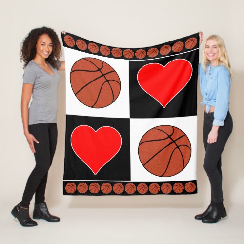 Hearts & Basketball Players Cute Checker Pattern Fleece Blanket