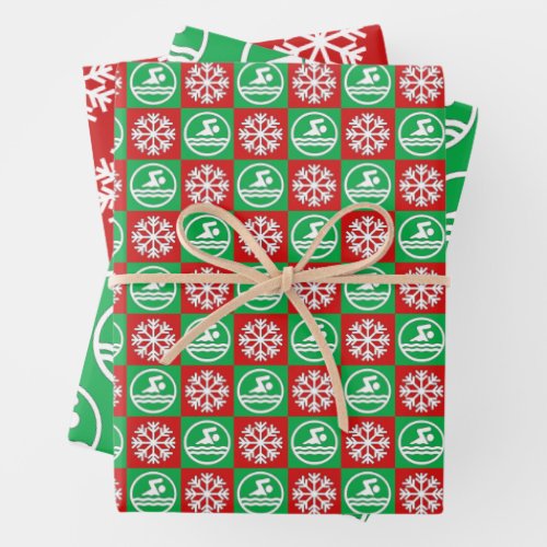 Red and Green Swimming & Diving Swimmer Christmas Wrapping Paper Sheets