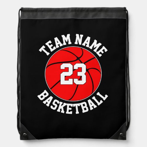 Red Basketball Team Name and Player Number Custom Drawstring Bag