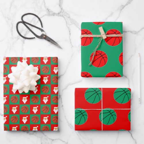 Red & Green Basketball & Santa Matching Christmas  Wrapping Paper Sheets