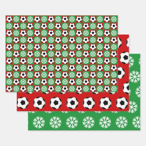 Soccer Ball and Snowflake Red and Green Christmas  Wrapping Paper Sheets