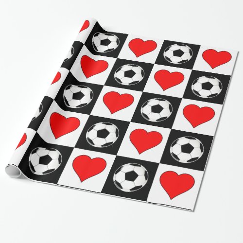 Soccer Balls and Hearts Pattern Sports Team Party Wrapping Paper