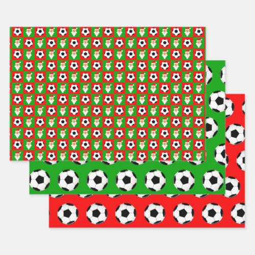 Soccer Balls and Santa Red and Green Christmas Wrapping Paper Sheets