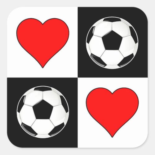 Soccer Balls & Hearts Cute Checker Pattern Sports Square Sticker