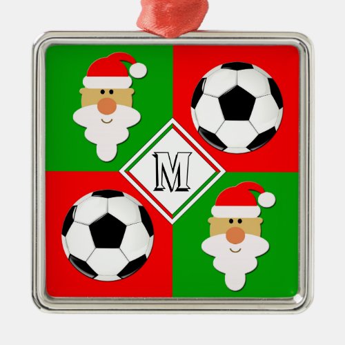Soccer Balls & Santa Clause Custom Player Initial Metal Ornament