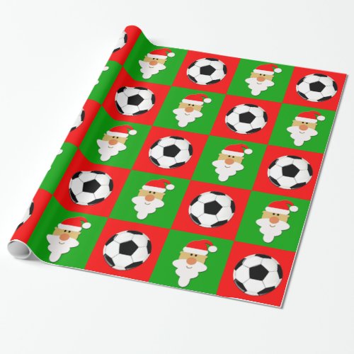 Soccer Balls & Santa Clause Red & Green Christmas Wrapping Paper