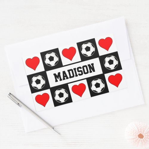 Soccer Player Custom Name Soccer Balls & Hearts Rectangular Sticker