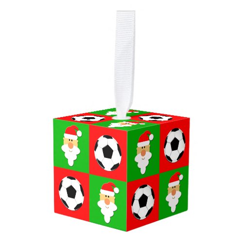 Soccer & Santa Red & Green Christmas Pattern Sport Cube Ornament