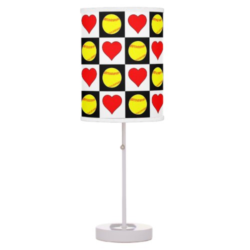 Softball and Hearts Black & White Checkered Sports Table Lamp