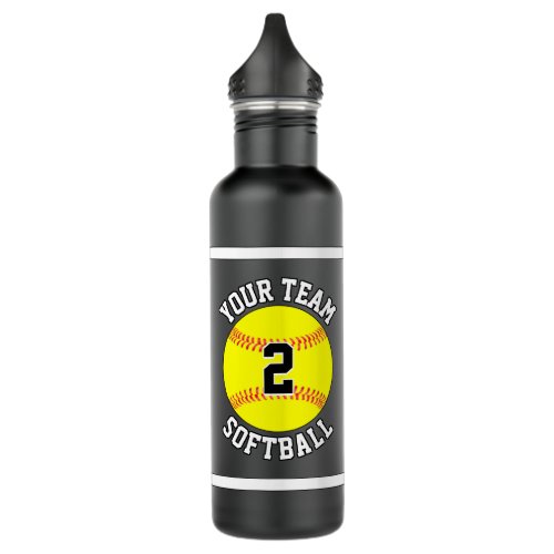 Softball Custom Team Name and Player Number Black Stainless Steel Water Bottle