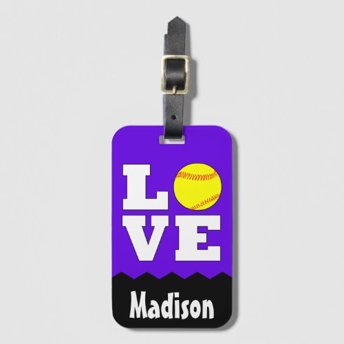 Softball LOVE Custom Name and Color Cute Bag Tag