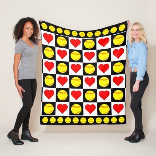 Softballs and Hearts Checkered Softball Player Fleece Blanket