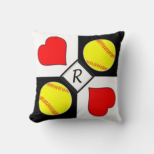 Softballs & Hearts Black & White Checker Monogram Throw Pillow