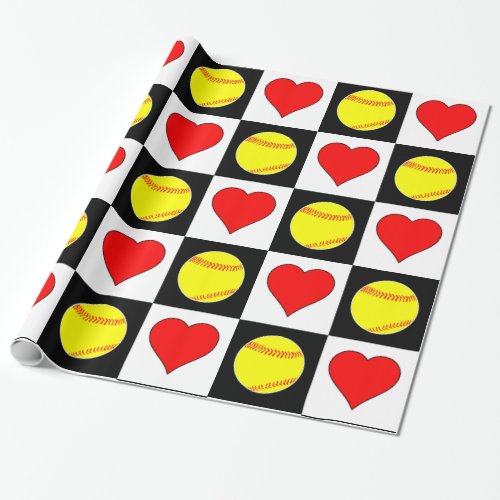 Softballs & Hearts Cute Checker Pattern Fastpitch Wrapping Paper