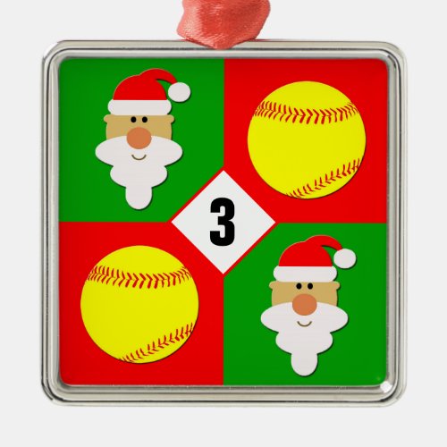 Softballs & Santa Custom Jersey Number Christmas Metal Ornament