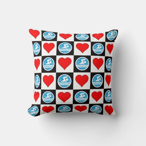 Swim Hearts and Swimmers Cute Swimming and Diving Throw Pillow