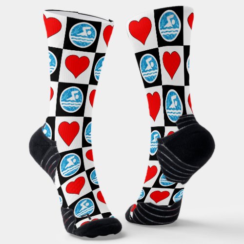 Swimmer Swimming and Diving Hearts and Swim Icon Socks