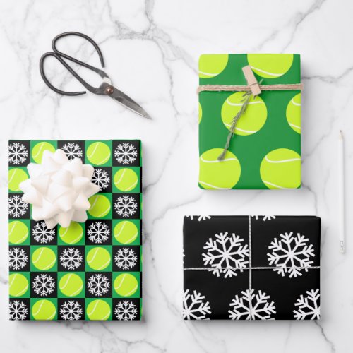 Tennis Ball and Snowflake Black & Green Christmas Wrapping Paper Sheets