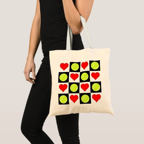 Tennis Balls and Hearts Checker Pattern Tote Bag